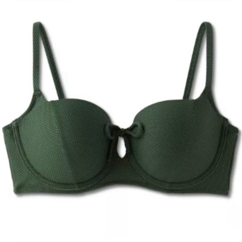 NWT Shade & Shore Light Lift Tie Front Keyhole Textured Green Bikini Top 40G